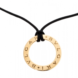 Bvlgari Circular 18k Yellow Gold Pendant Black Cord Necklace 