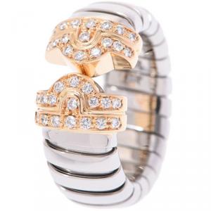 Bvlgari Parenthite Bogas 18K Yellow Gold And Diamond And Stainless Steel Ring Size 47