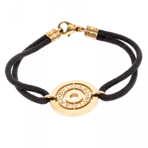 Bvlgari 18K Yellow Gold Engraved Circle Charm On Cord Bracelet