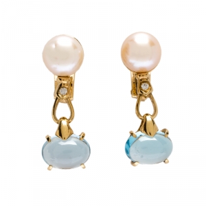 Bvlgari Allegra Cultured Pearl Diamond Blue Topaz 18k Yellow Gold Clip-on Drop Earrings