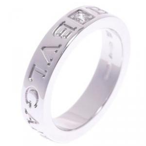 Pre Owned Bvlgari Double Logo 18K White Gold Diamond Ring Size 56