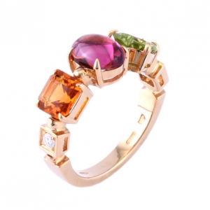 Pre Owned Bvlgari Allegra Diamond Multicolored Gemstones 18K Yellow Gold Ring Size 50