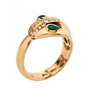 Pre Owned Bvlgari Serpenti Malachite Diamond 18K Rose Gold Ring Size 53