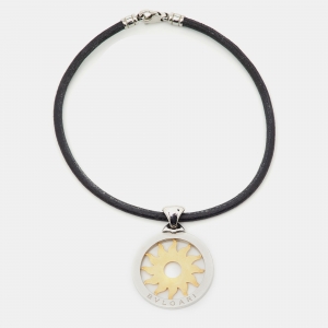Pre Owned Bvlgari Tondo Sun 18K Yellow Gold & Stainless Steel Pendant Cord Necklace