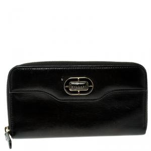 Bvlgari Metallic Black Leather Zip Around Wallet