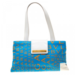 Bvlgari Blue/White Logo Mania Fabric and Leather Shoulder Bag