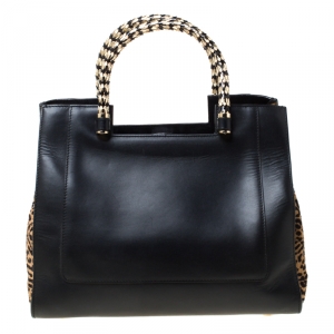 Bvlgari Black/Beige Leather and Leopard Print Calfhair Serpenti Scaglie Tote