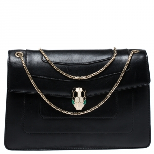Bvlgari Black Leather Medium Serpenti Forever Flap Shoulder Bag