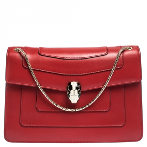 Bvlgari Red Leather Medium Serpenti Forever Flap Shoulder Bag