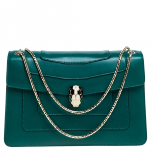 Bvlgari Green Leather Medium Serpenti Forever Flap Shoulder Bag