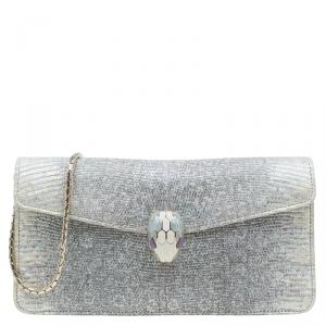 Bvlgari Metallic Grey Lizard Serpenti Flap Clutch