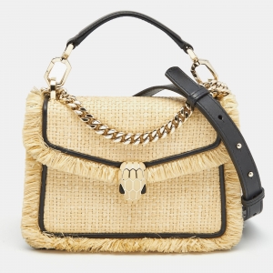 Bvlgari Cream/Black Raffia and Leather Serpenti Forever Top Handle Bag