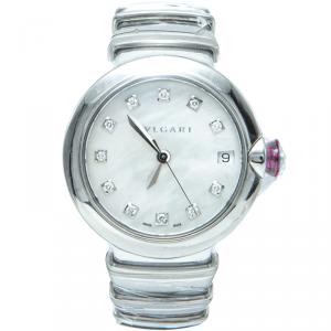 Bvlgari White Mother Of Pearl & Steel Lvcea Diamond Women's Watch 33MM