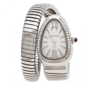 Bvlgari White Dial Stainless Steel Diamond Bezel Serpenti Women'S Watch 35MM