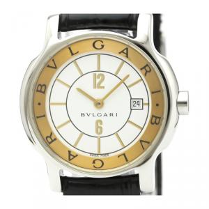 Bvlgari White Stainless Steel and Leather Solotempo ST29S Women's Wristwatch 29MM