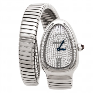 Bvlgari Diamond Pave 18K White Gold Serpenti Tubogas 102005 Women's Wristwatch 35 mm