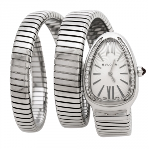Bvlgari Silver Opaline Guilloché Soleil Stainless Steel Diamond Serpenti Tubogas 101910 Women's Wristwatch 35 mm
