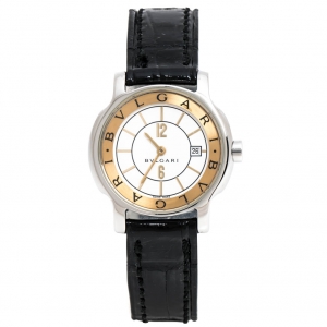 Bvlgari White Stainless Steel and Leather Solotempo ST29S Women's Wristwatch 29MM