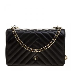Pre Owned Carolina Herrera Black Quilted Leather Flap Bag