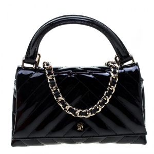 Carolina Herrera Black Quilted Patent Leather Top Handle Bag