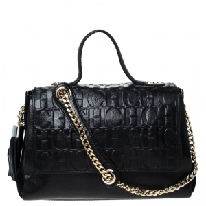 Carolina Herrera Black Monogram Leather Flap Top Handle Bag