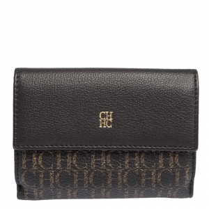 Pre Owned Carolina Herrera Dark Brown Monogram Coated Canvas and Leather Flap Compact Wallet