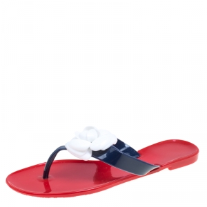 Carolina Herrera Tri Color Rubber Flower Embellished Flat Thong Sandals Size 40