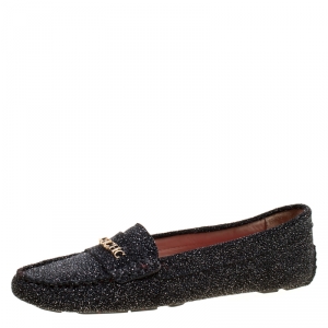 Pre Owned Carolina Herrera Black Glitter Effect Suede Moccasins Size 39