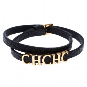 Pre Owned Carolina Herrera CH Logo Black Leather Double Tour Bracelet