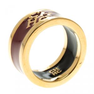 Pre Owned Carolina Herrera CH Burgundy Enamel Gold Tone Band Ring Size 54.5