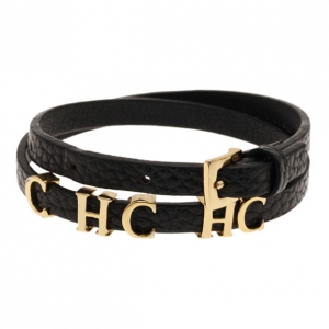 Pre Owned Carolina Herrera Double Wrapped Black Leather Bracelet 18CM