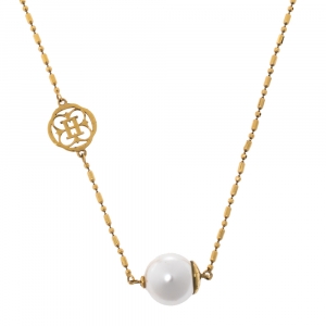 Carolina Herrera Faux Pearl Gold Tone CH Station Necklace