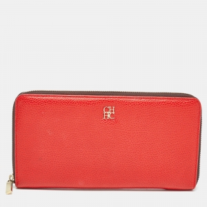 Carolina Herrera Red Leather Zip Around Wallet Organizer 
