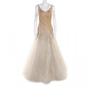 Pre Owned Carolina Herrera Grey and Beige Gold Mini Peacock Feather Embellished Tulle Gown L