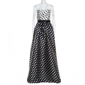 Pre Owned Carolina Herrera Monochrome Polka Dot Strapless Evening Gown S
