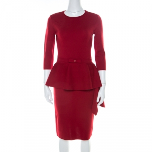Pre Owned Carolina Herrera Red Stretch Wool Peplum Dress S