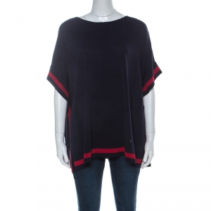 Pre Owned CH Carolina Herrera Navy Blue Rib Knit Contrast Striped Kaftan Top S