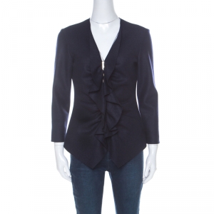 CH Carolina Herrera Navy Blue Fleece Wool Ruffle Detail Zip Front Jacket M