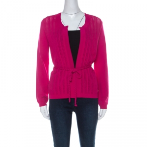 Carolina Herrera Fuschia Pink Crochet Knit Belted Cardigan S 