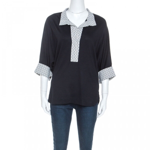 Pre Owned Carolina Herrera Navy Blue Jersey Contrast Trim Dolman Sleeve Top M