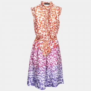 CH Carolina Herrera Multicolor Floral Printed Silk Ruffle Detail Belted Mini Dress M