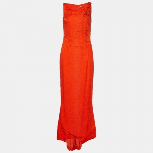 Carolina Herrera Orange Crinkled Silk Embellished Maxi Dress S