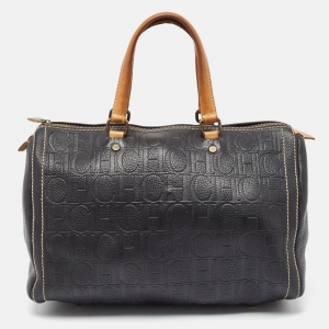 Carolina Herrera Black/Beige Monogram Leather Large Andy Boston Bag