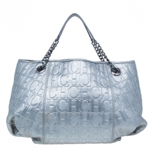 Pre Owned Carolina Herrera Silver Metallic Leather Poppy Tote