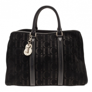 Pre Owned Carolina Herrera Black Monogram Leather Tote