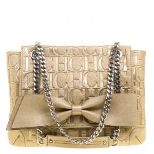 Pre Owned Carolina Herrera Gold Monogram Leather Audrey Shoulder Bag