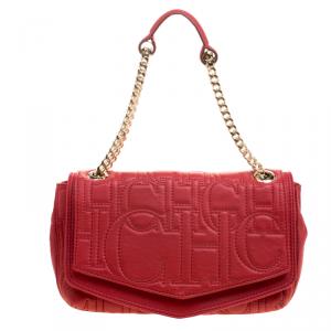 Pre Owned Carolina Herrera Red Monogram Leather Double Flap Shoulder Bag
