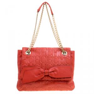Pre Owned Carolina Herrera Red Monogram Leather Audrey Shoulder Bag