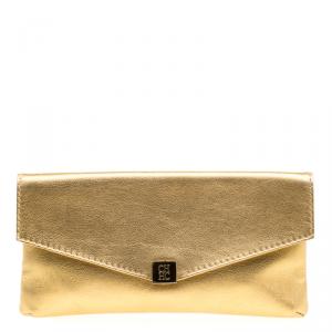 Pre Owned Carolina Herrera Gold Leather Envelope Clutch