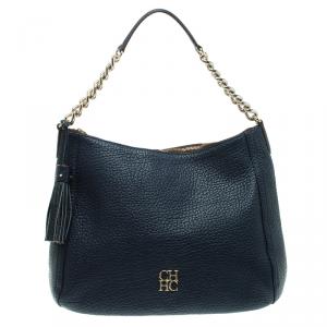 Pre Owned Carolina Herrera Navy Blue Grain Leather Maria Shoulder Bag